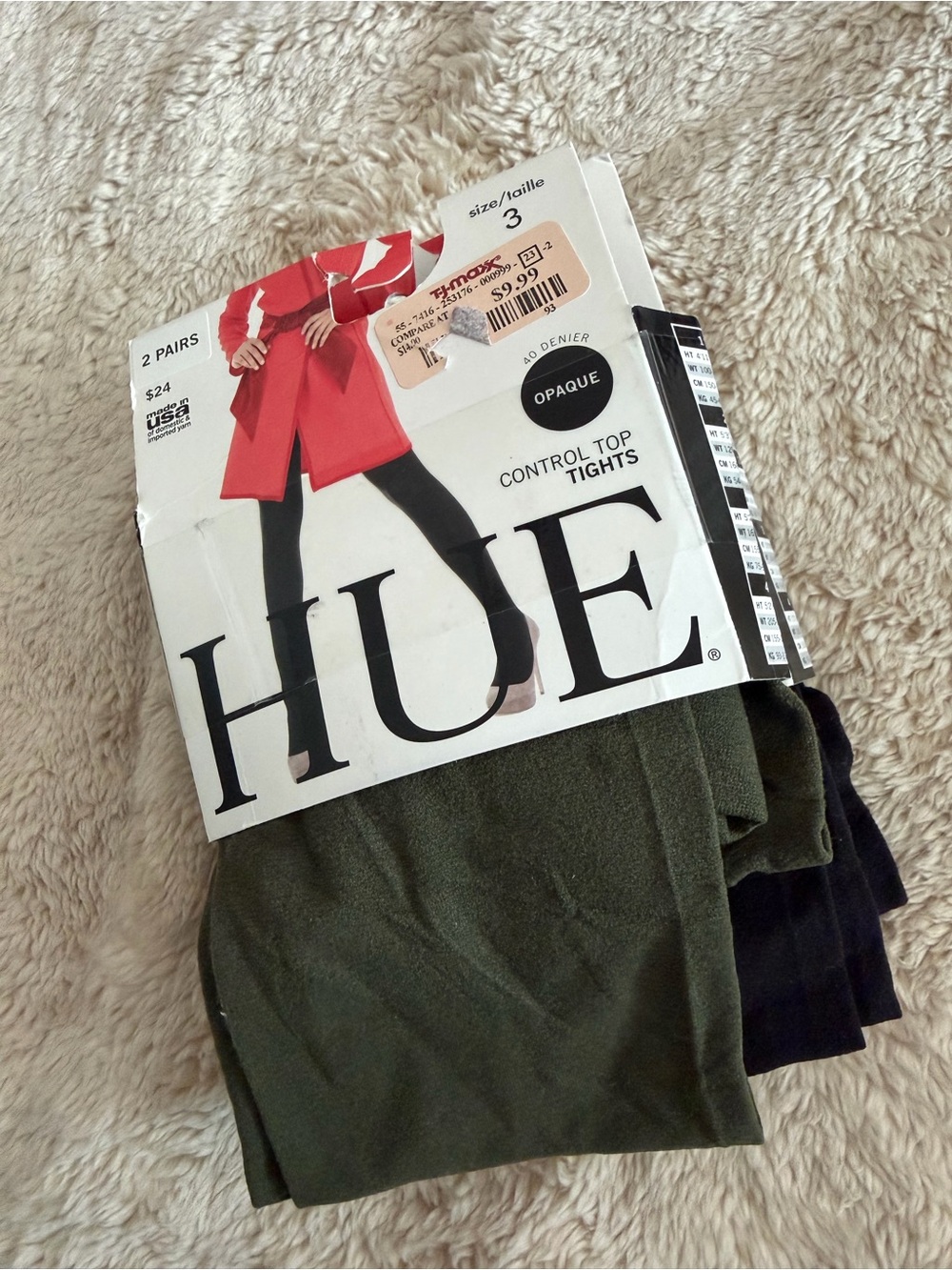 HUE Opaque Control Top Tights - Olive & Black (2 Pack)